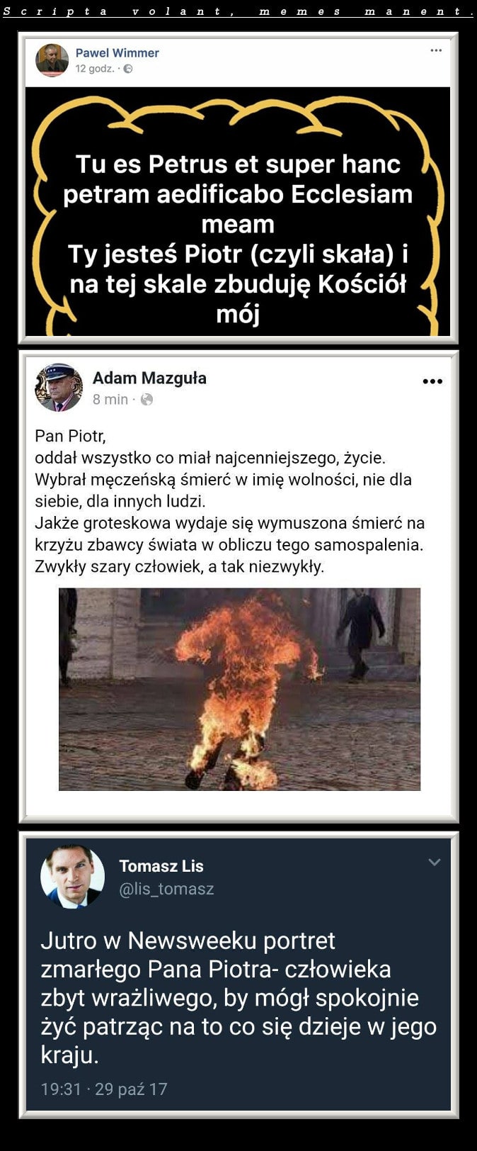 Zrzuty ekranu z wypowiedziami znanych ludzi o samopbójstwie Piotra S.